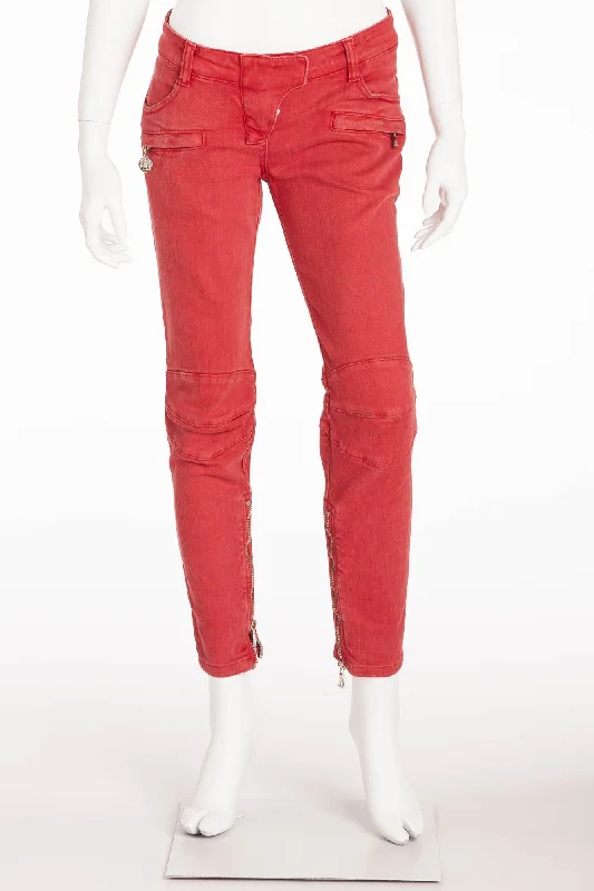 Balmain - Red Denim Moto-Style Jeans - FR 40