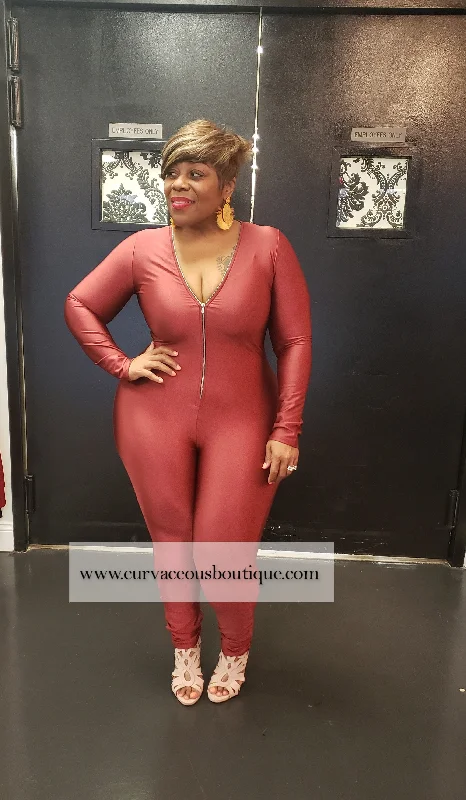 Burgundy Keyona Zipper Disco Catsuit