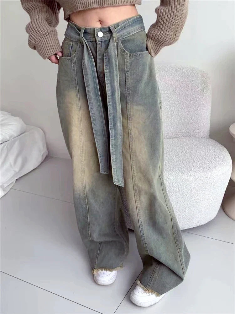 Y2k Denim Trousers For Women Cargo Jeans Streetwear Retro Wide Leg Straight Pants