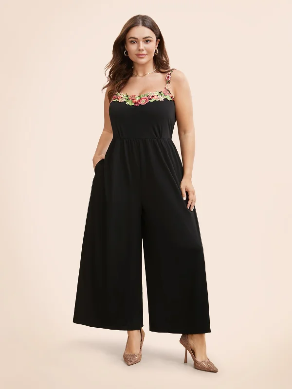 Heart Neckline Floral Embroidered Trim Jumpsuit