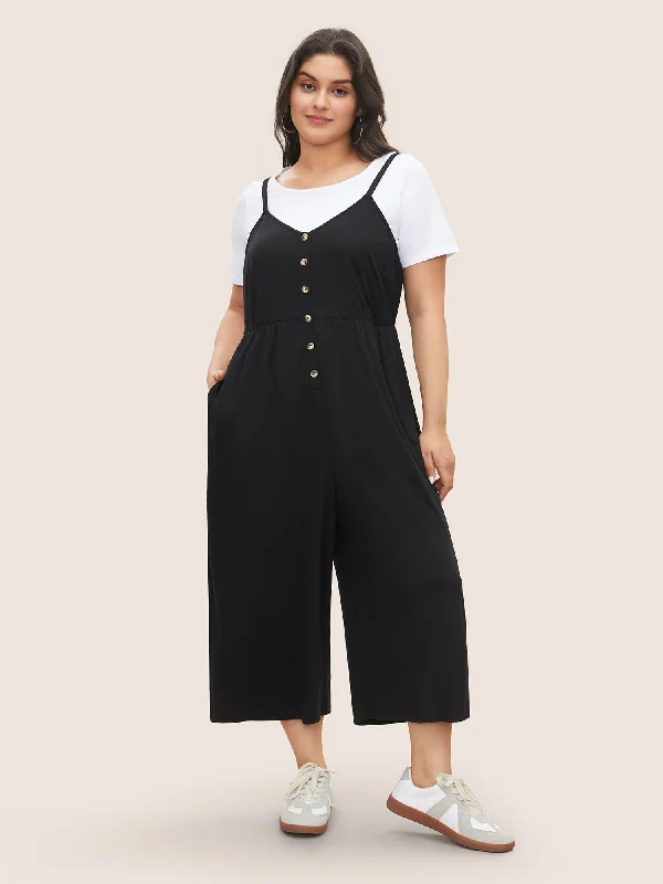 Solid Button Detail Gathered Jumpsuit