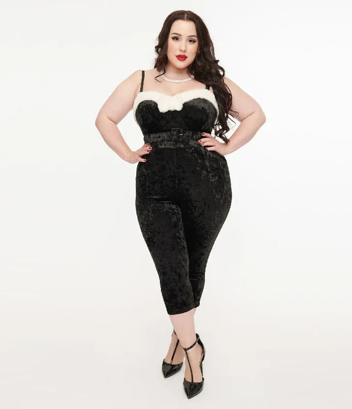 Unique Vintage Plus Size 1950s Black & White Faux Fur Cropped Jumpsuit