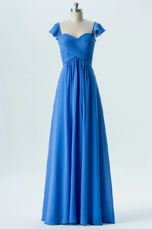 A-Line Ocean Blue Bridesmaid Dress with Cap Sleeves