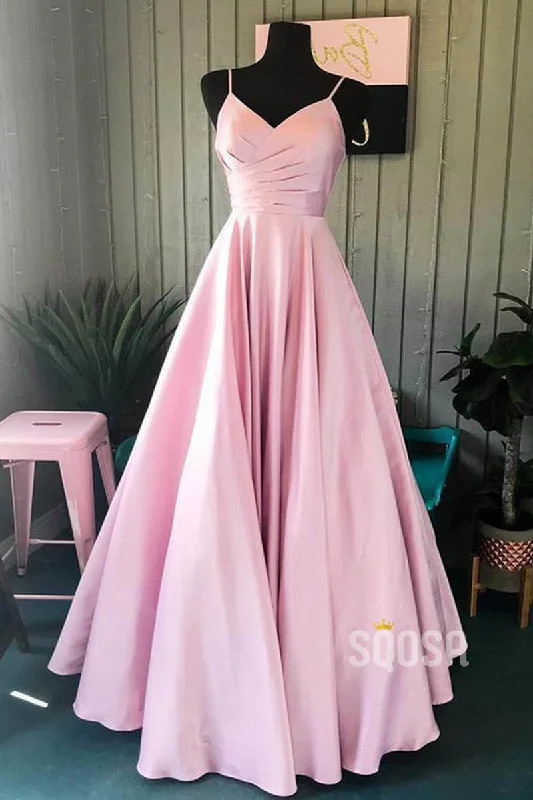 A-Line Spaghetti Straps V Neck Pink Satin Long Prom Dress QP0841