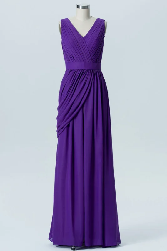 Asymmetrical Purple Pleated Long Bridesmaid Dress with Belt