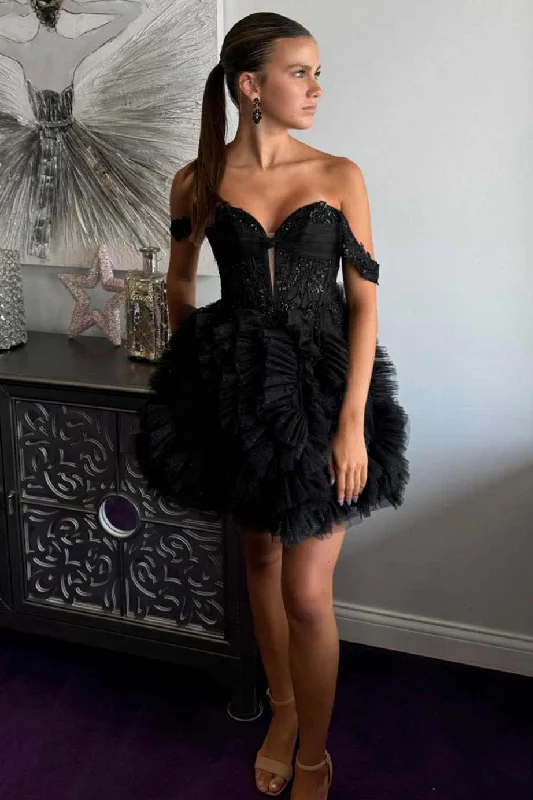 Black Off the Shoulder Tulle Ruffle Short Party Dress