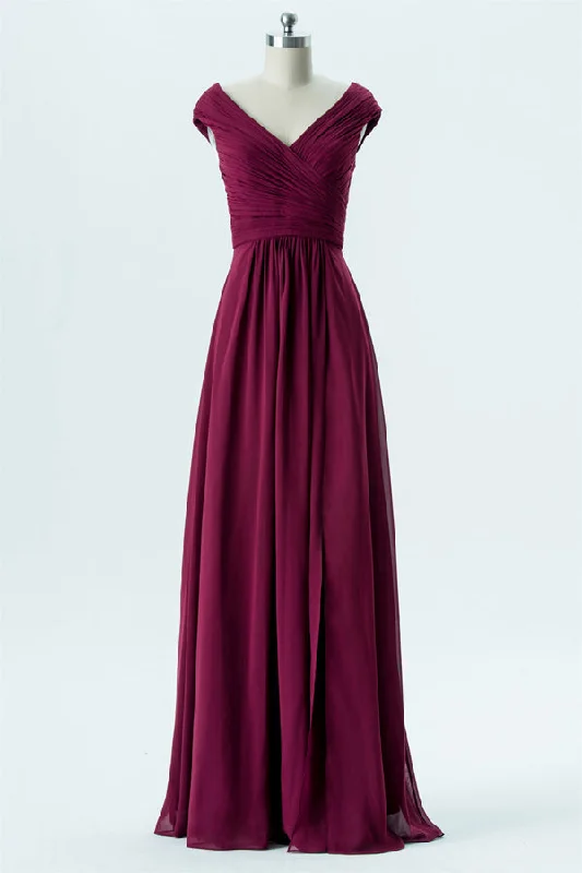 Chiffon Berry Long Bridesmaid Dress with Cap Sleeves