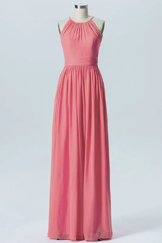 Coral Halter Chiffon Long Bridesmaid Dress