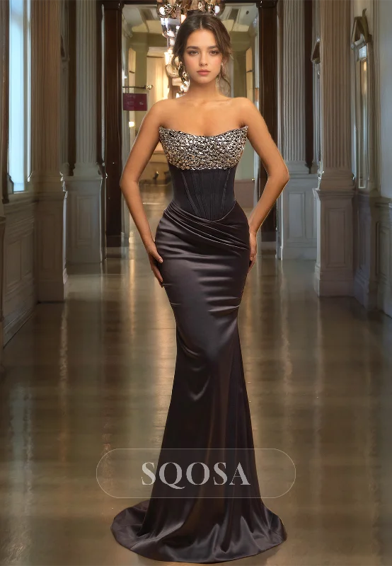 Scoop-Neck Sleeveless Mermaid Prom Dress Floor Length with Beaded Party Gowns