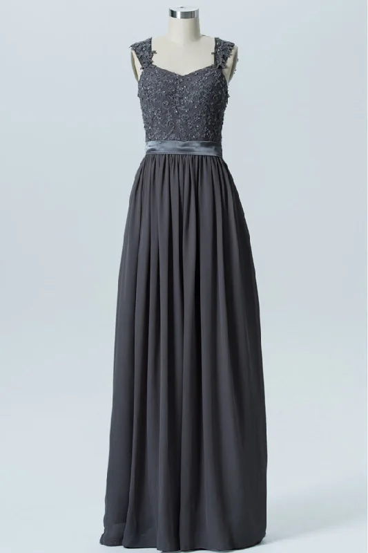 Grey Lace Appliqued Chiffon Bridesmaid Dress with Belt