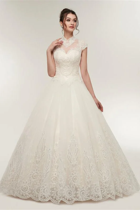 Princess Long High Neck A-line Ivory Wedding Dress with Lace