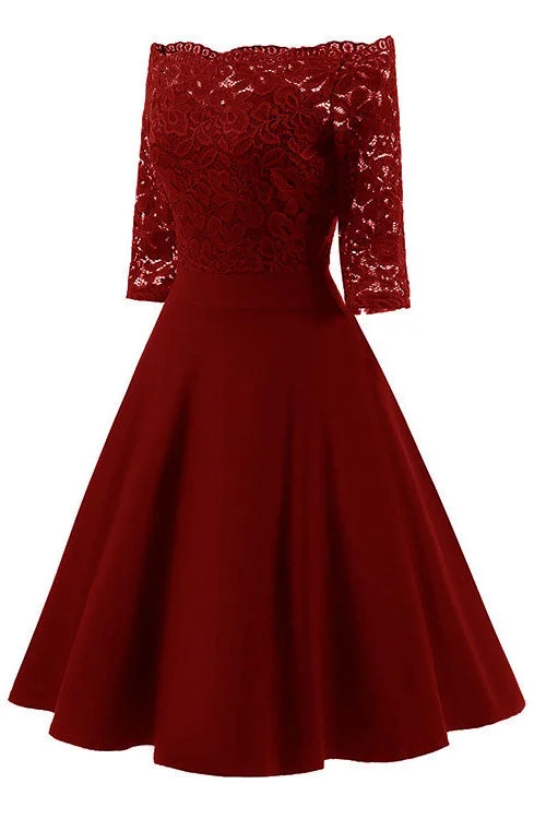 Off the Shoulder Half Sleeves Burgundy Short Party Gown