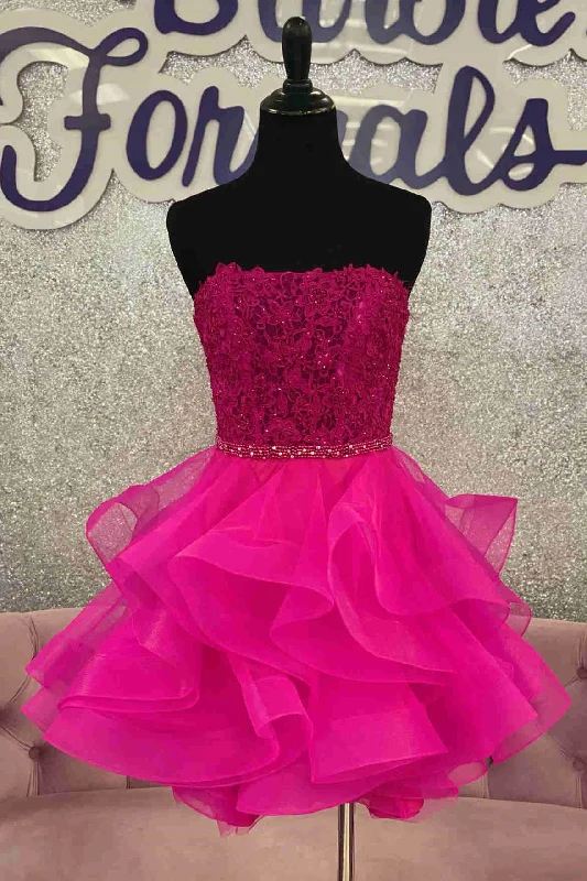 Strapless Hot Pink Lace Top Ruffle Short Homecoming Dress