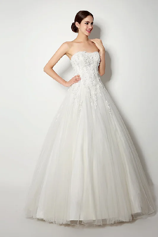 Long Lace-Up Back A-line Strapless Ivory Wedding Dress with Appliques