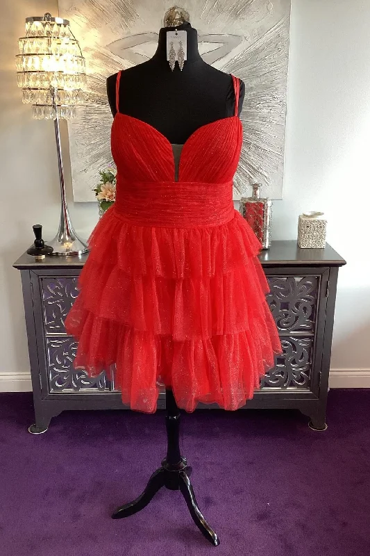 Straps Plunging Tiered Short Homecoming Dress Red A-Line