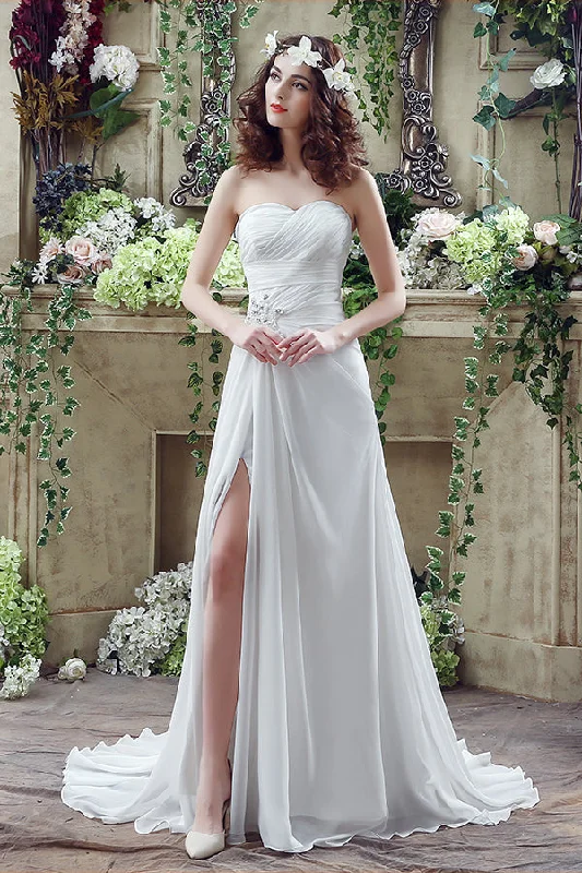 Long Sweetheart A-line White Chiffon Wedding Dress with Slit