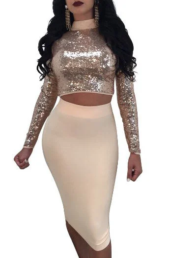 Two Piece Long Sleeves Sequins Convertible Party Dress