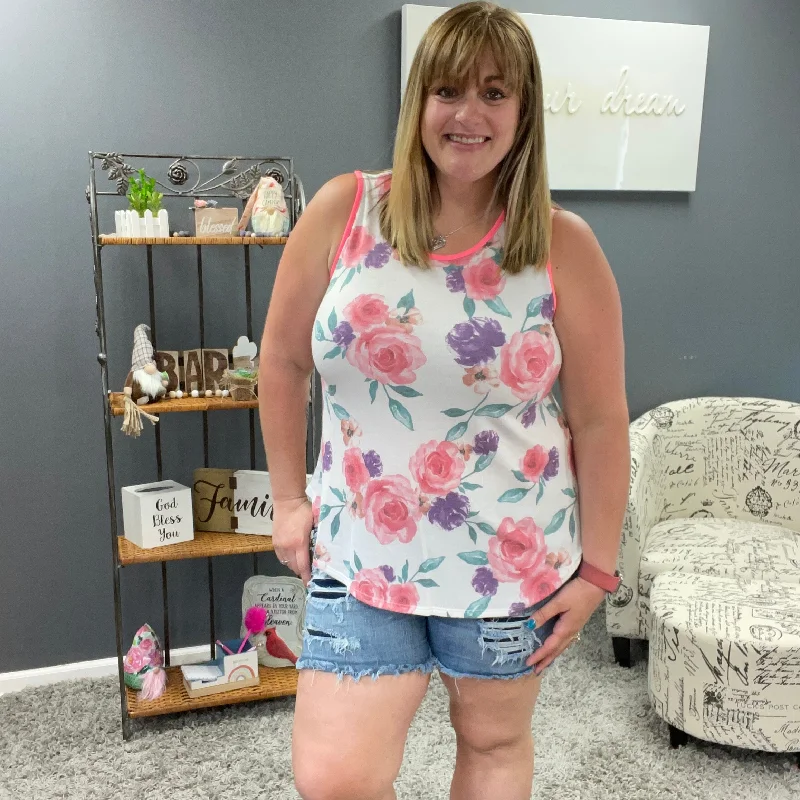 Ivory Sleeveless Floral Tank with Trim