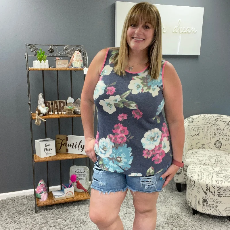 Navy Sleeveless Floral Tank with Trim