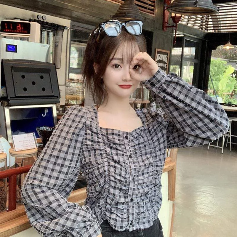 Women's Korean Fashion Ruffles Plaid Shirts