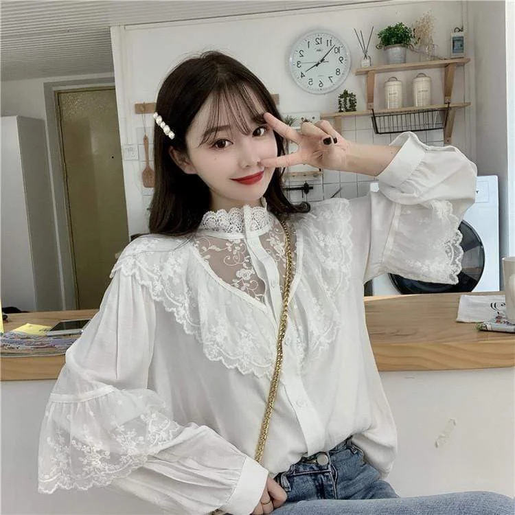 Women's Luxy Queen Sheer Floral Mess Collar Puff Sleeved Shirt