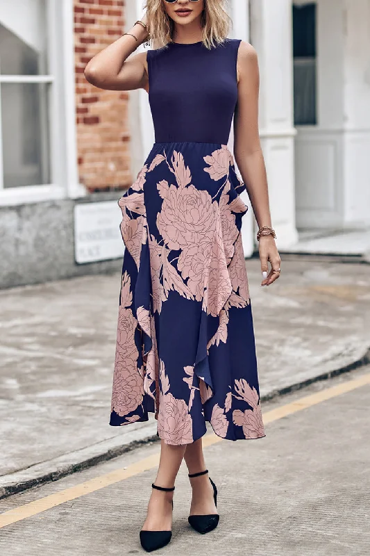 Floral Print Ruffle Trim Midi Tank Dress